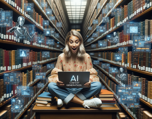 DALL·E 2023-10-17 09.33.43 - High-definition photo of a female blogger, seated amidst rows of library books, completely engrossed in an AI content generation guide on her laptop.