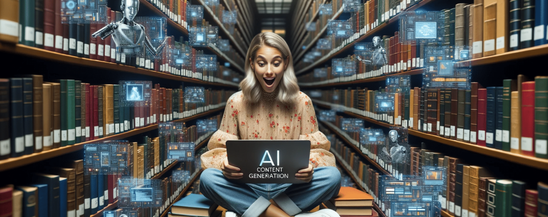 DALL·E 2023-10-17 09.33.43 - High-definition photo of a female blogger, seated amidst rows of library books, completely engrossed in an AI content generation guide on her laptop.